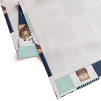 Woodland Critters Patchwork Quilt - Bear Moose Fox Raccoon Wolf, Navy & Crystal Blue Design GingerLous