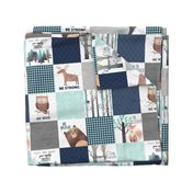 Woodland Critters Patchwork Quilt - Bear Moose Fox Raccoon Wolf, Navy & Crystal Blue Design GingerLous