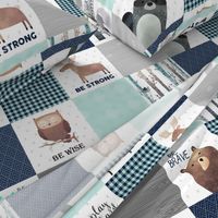 Woodland Critters Patchwork Quilt - Bear Moose Fox Raccoon Wolf, Navy & Crystal Blue Design GingerLous