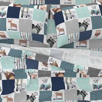 Woodland Critters Patchwork Quilt - Bear Moose Fox Raccoon Wolf, Navy & Crystal Blue Design GingerLous