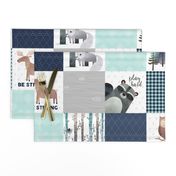 Woodland Critters Patchwork Quilt - Bear Moose Fox Raccoon Wolf, Navy & Crystal Blue Design GingerLous