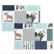 Woodland Critters Patchwork Quilt - Bear Moose Fox Raccoon Wolf, Navy & Crystal Blue Design GingerLous