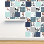 Woodland Critters Patchwork Quilt - Bear Moose Fox Raccoon Wolf, Navy & Crystal Blue Design GingerLous