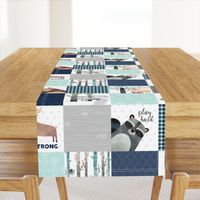 Woodland Critters Patchwork Quilt - Bear Moose Fox Raccoon Wolf, Navy & Crystal Blue Design GingerLous