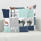 Woodland Critters Patchwork Quilt - Bear Moose Fox Raccoon Wolf, Navy & Crystal Blue Design GingerLous