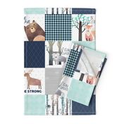 Woodland Critters Patchwork Quilt - Bear Moose Fox Raccoon Wolf, Navy & Crystal Blue Design GingerLous