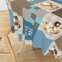 Woodland Little Man Patchwork Quilt Bear Raccoon Fox (cream, blue + brown) ROTATED GingerLous