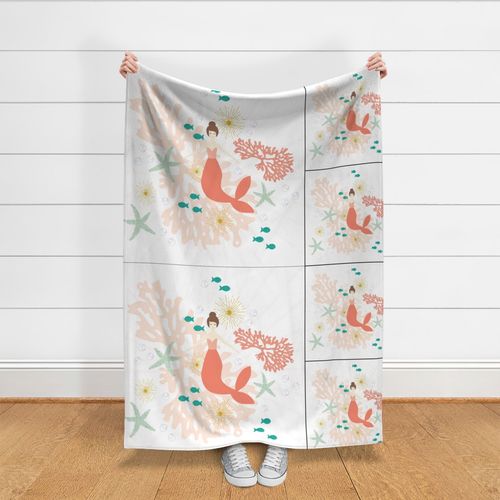 1 blanket + 2 loveys: coral reef mermaid single motif brunette 