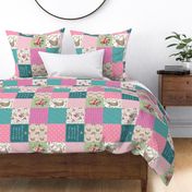 Bear & Bunny Patchwork Quilt (ROTATED) - Woodland Floral Pink + Teal Wholecloth Best Friends Coordinate for Girls GingerLous