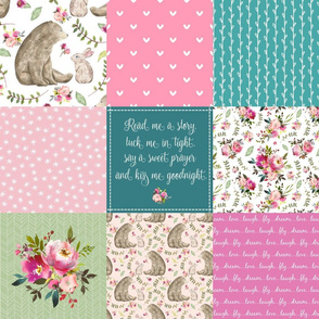 Bear & Bunny Patchwork Quilt - Woodland Floral Pink + Teal Wholecloth Best Friends Coordinate for Girls GingerLous