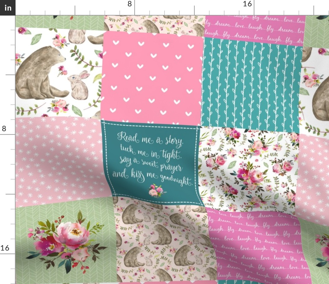 Bear & Bunny Patchwork Quilt - Woodland Floral Pink + Teal Wholecloth Best Friends Coordinate for Girls GingerLous