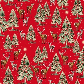 Retro Woodland Christmas Deer with Christmas Tree and Stars, Reindeer Holiday  