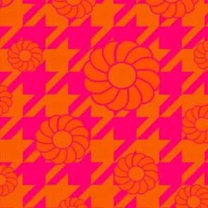 Pink Orange Houndstooth Fashion Fabric, Retro Mod Hippie Flowers, Groovy 1970s Retro Theme, Vintage Pink Orange Houndstooth, Large Dogstooth Floral Check, Zany Maximalist Daisy Flowers, Eccentric Clashing Color Palette, Pink Orange Graphic Floral Check Pa