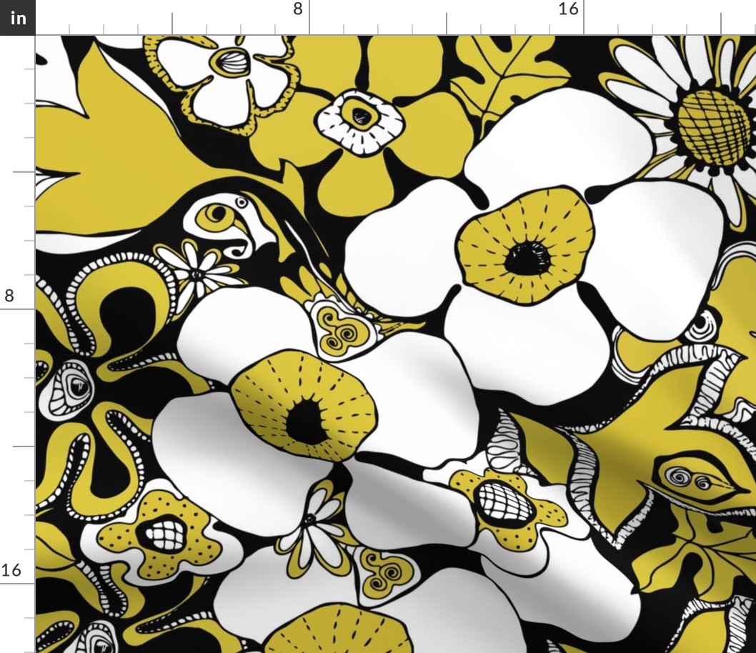 Floral Doodles mustard black white