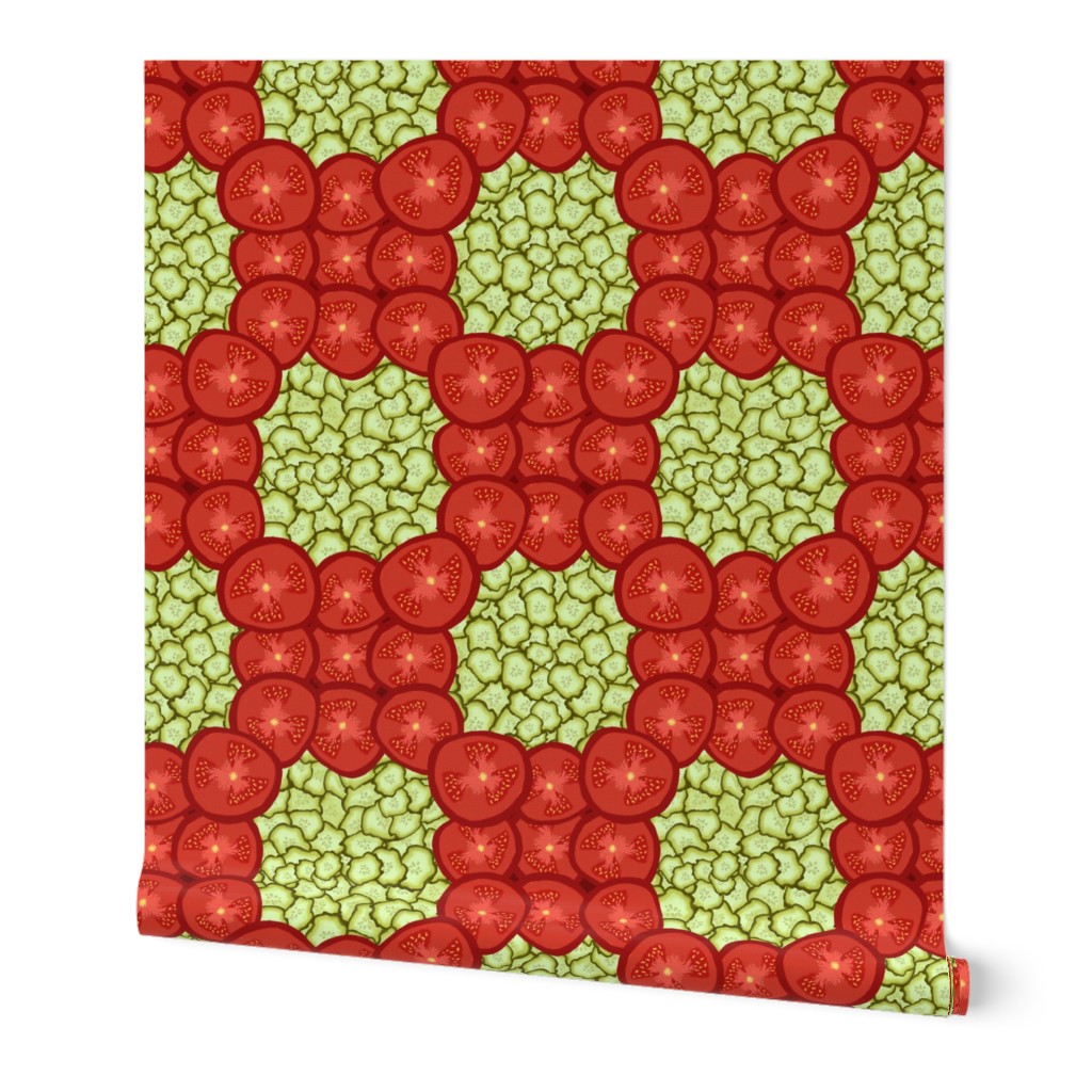 Grid of Tomato Slices on Pickle Background