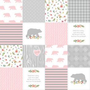 Baby Girl Woodland Quilt Top - Bear & Flowers Wholecloth Blanket Panel, Pink & Grey