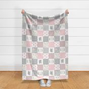 Baby Girl Woodland Quilt Top ROTATED- Bear & Flowers Wholecloth Blanket Panel, Pink & Grey