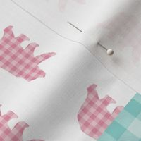 Pink & Aqua Bears Patchwork ROTATED- Woodland Quilt Top Wholecloth Baby Girl Nursery, Pink & Aqua
