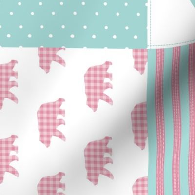 Pink & Aqua Bears Patchwork ROTATED- Woodland Quilt Top Wholecloth Baby Girl Nursery, Pink & Aqua