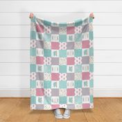 Pink & Aqua Bears Patchwork ROTATED- Woodland Quilt Top Wholecloth Baby Girl Nursery, Pink & Aqua