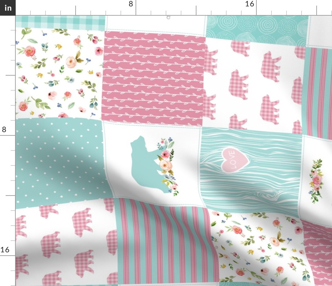 Pink & Aqua Bears Patchwork ROTATED- Woodland Quilt Top Wholecloth Baby Girl Nursery, Pink & Aqua