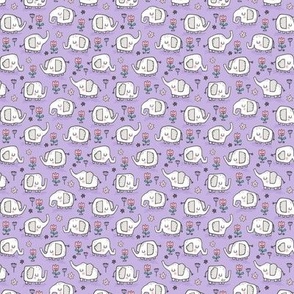 Elephants With Flowers on Purple Lilac Tiny Small