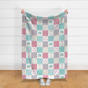 Pink & Aqua Bears Patchwork - Woodland Quilt Top Wholecloth Baby Girl Nursery, Pink & Aqua