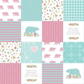 Pink & Aqua Bears Patchwork - Woodland Quilt Top Wholecloth Baby Girl Nursery, Pink & Aqua