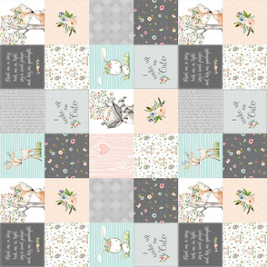 3" BLOCKS- Woodland Friends Nursery Patchwork Quilt (rotated) - Wholecloth Deer Fox Raccoon Bunny (Grey Blush) GingerLous