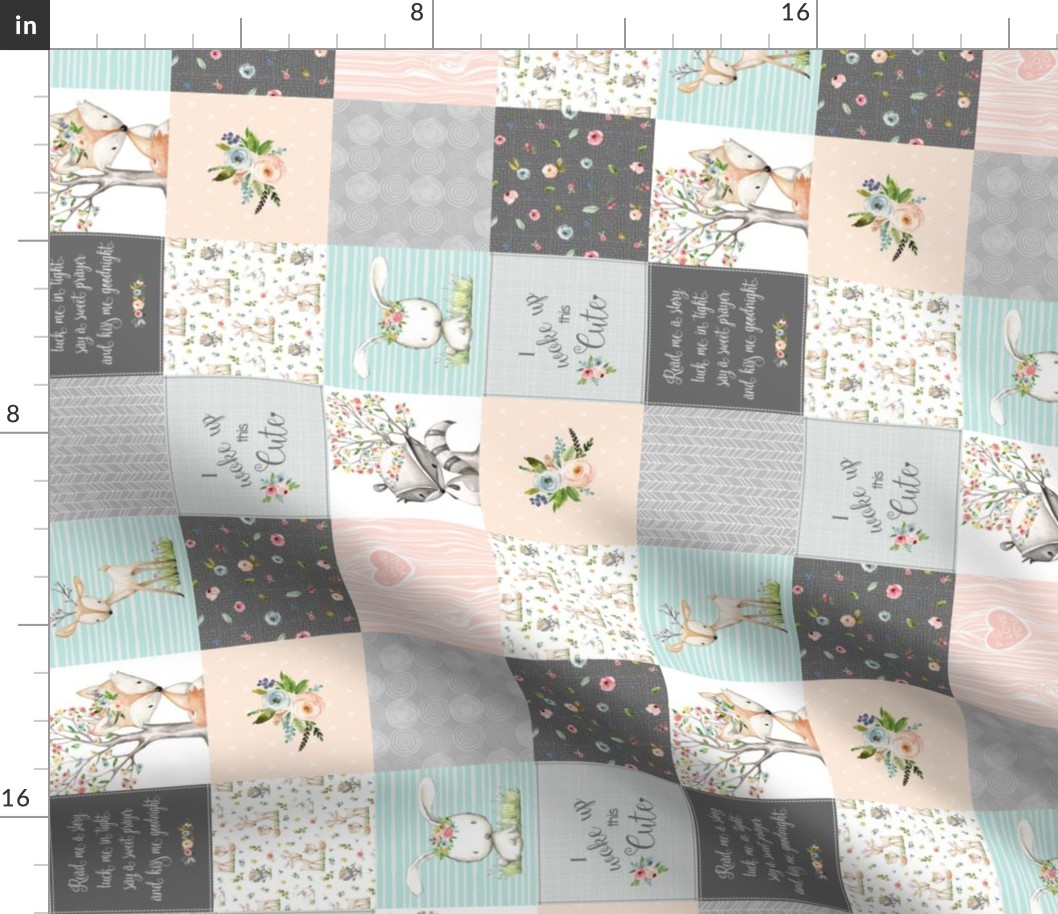 3" BLOCKS- Woodland Friends Nursery Patchwork Quilt (rotated) - Wholecloth Deer Fox Raccoon Bunny (Grey Blush) GingerLous