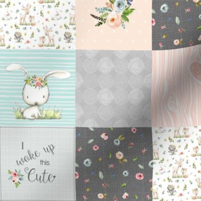 3" BLOCKS- Woodland Friends Nursery Patchwork Quilt - I Woke Up This Cute Wholecloth Deer Fox Raccoon Bunny (Grey Blush) GingerLous