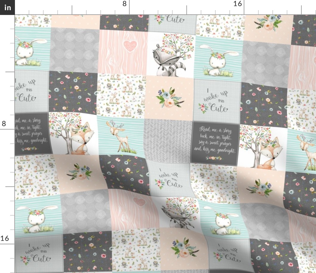 3" BLOCKS- Woodland Friends Nursery Patchwork Quilt - I Woke Up This Cute Wholecloth Deer Fox Raccoon Bunny (Grey Blush) GingerLous