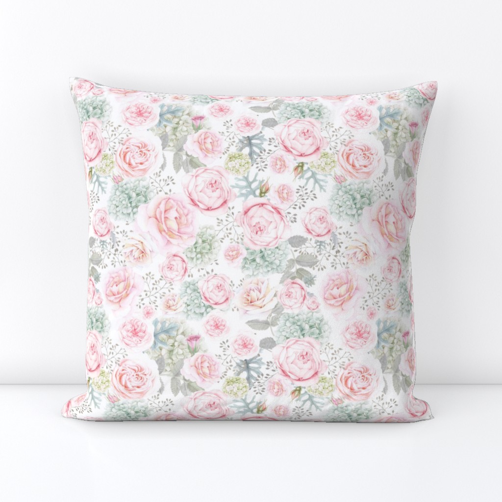Light Pink and Mint Pale Watercolor Rose and Hydrangea Floral 