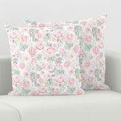 Light Pink and Mint Pale Watercolor Rose and Hydrangea Floral 