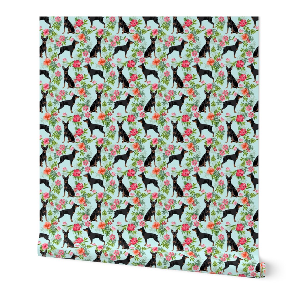 min pin (smaller) hawaiian fabric tropical palm print design miniature pinscher dog fabric - light blue