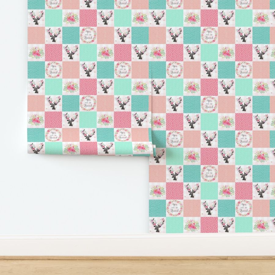 You Are So Loved Deer Patchwork Quilt Top (pink, peach, mint)- Ashburton Coordinate for Girls Ginger Lous