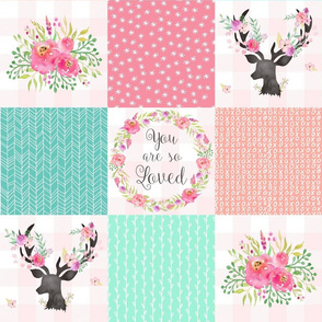 You Are So Loved Deer Patchwork Quilt Top (pink, peach, mint)- Ashburton Coordinate for Girls Ginger Lous