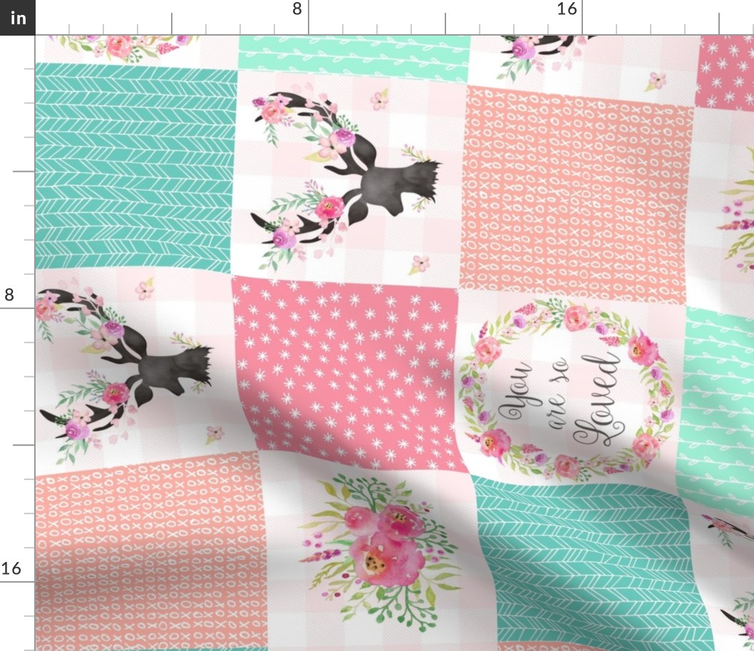 You Are So Loved Deer Patchwork Quilt Top (pink, peach, mint) ROTATED - Ashburton Coordinate for Girls Ginger Lous