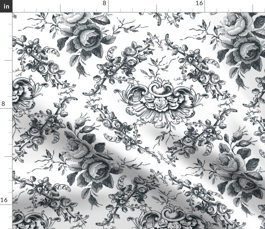 Lady Mary's Roses Black Floral Toile Fabric | Spoonflower