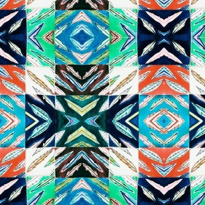 Mosaic, feathers, navy, white, red, green, turquoise, Bluegreen, pink