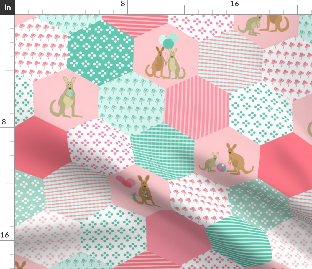 Kangaroo Baby Cheater Quilt Panel - pink & teal