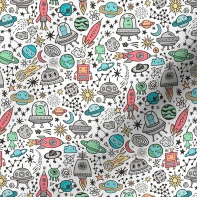 Space Galaxy Universe Doodle with Aliens, Rockets, Planets, Robots & Stars on White Smaller