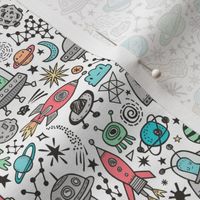 Space Galaxy Universe Doodle with Aliens, Rockets, Planets, Robots & Stars on White Smaller