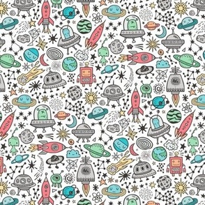 Space Galaxy Universe Doodle with Aliens, Rockets, Planets, Robots & Stars on White Smaller