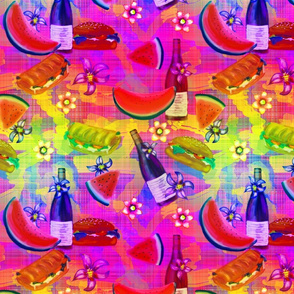 watermelon summer picnic horizontal rainbow sunny multicolor on plaid