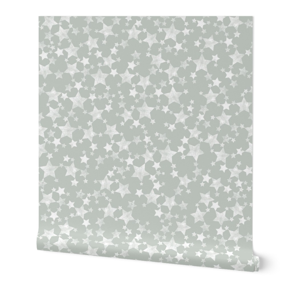 Lino Print Stars | White Stars on A Gray Green Background