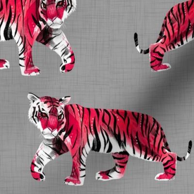 Tiger Walk - Larger Scale Red on Grey