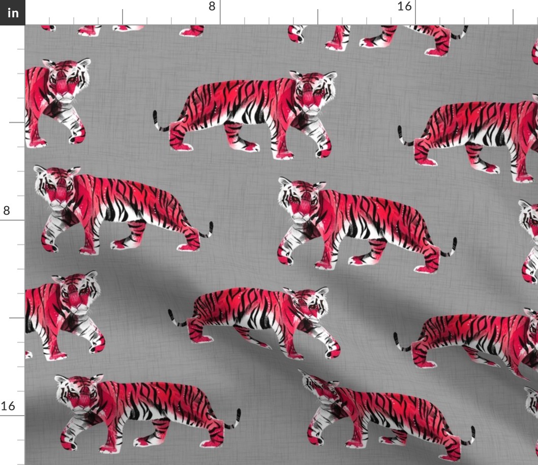 Tiger Walk - Larger Scale Red on Grey