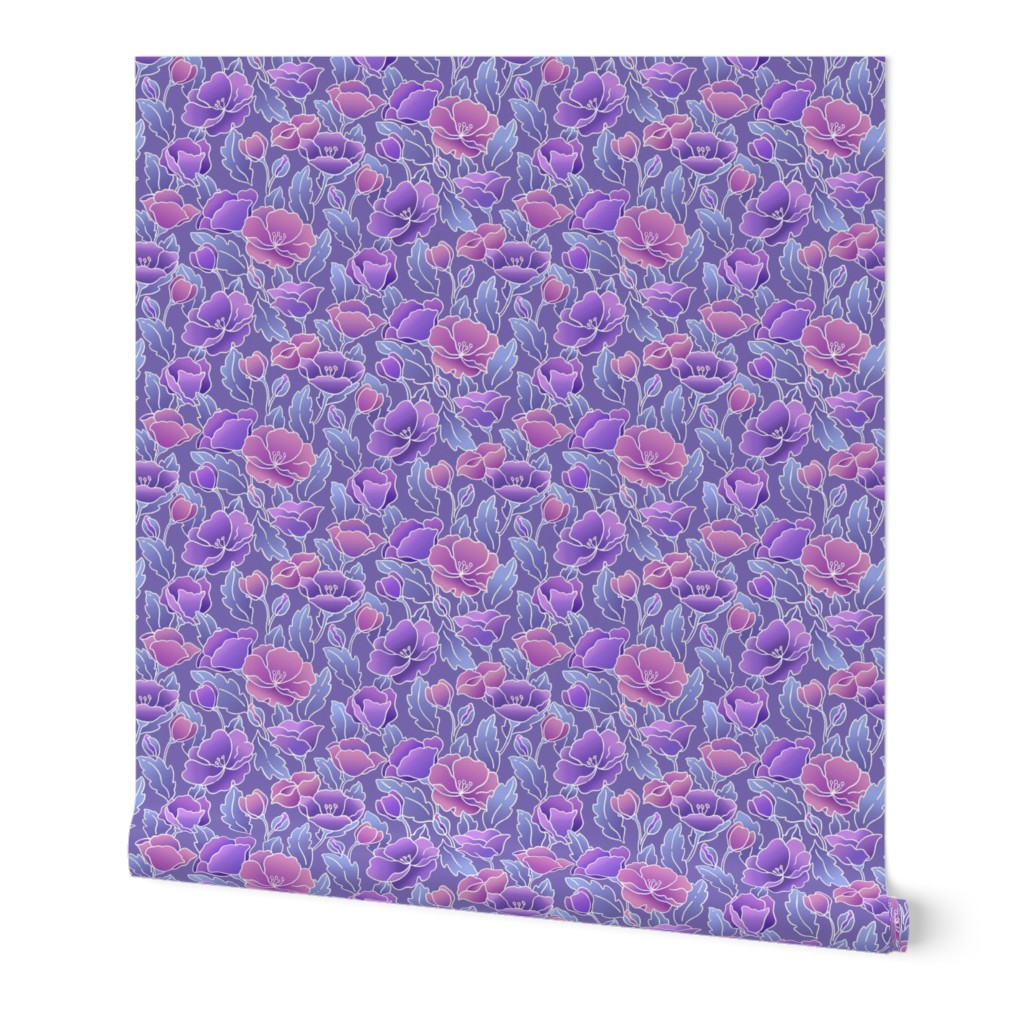 Field of Poppies/Coral, Lilac and Lavender with White Outline