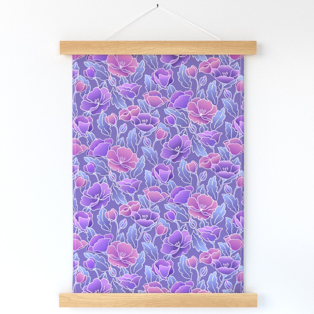Field of Poppies/Coral, Lilac and Lavender with White Outline